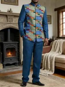 Men's Dashiki African Style Set, Elegant Plaid Print, Long Sleeve, Stand Collar, Pocket, Button, Split Hem Shirt, Drawstring Waist Pants, Suits