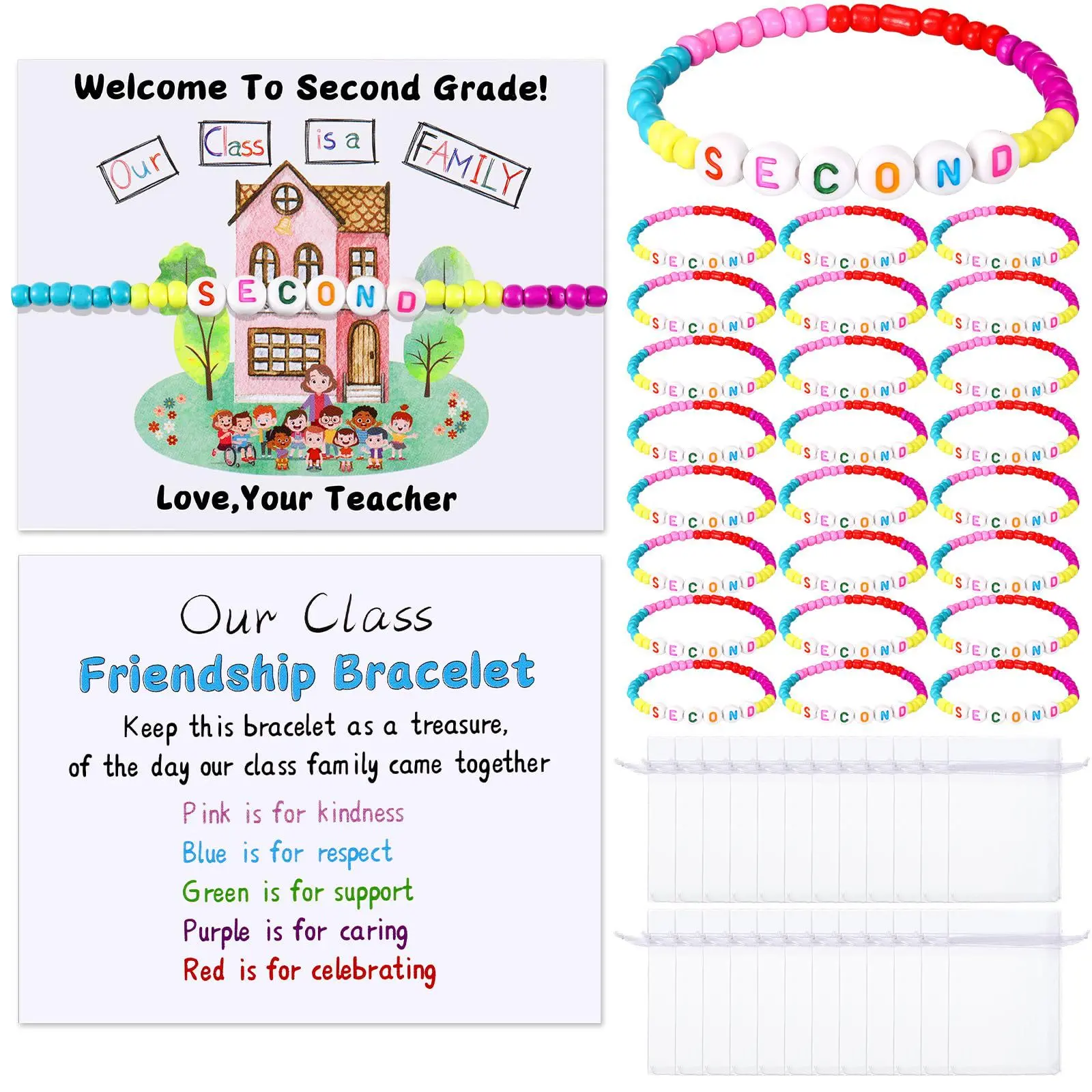 25 Sets Back to School Gifts for Student Include Our Class Is a Family Greeting Card and First Day of School Bracelet with Bags Letter Bracelet for 1st Day of Classroom (First Grade)