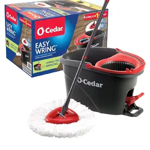 O-Cedar Easy Wring Mop - Black Design, Red Handle, Includes Scrubber, Hand-Free Winding Feature