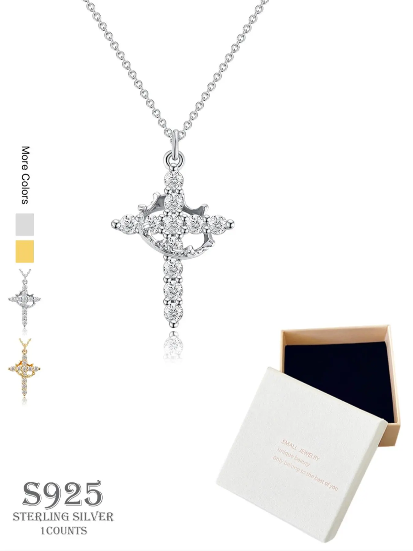 S925 Sterling Silver Cross Crown Design Pendant Necklace, Statement Religious Necklace, Faith Cross Necklace, Sparkling CZ Necklace, Rotatable Birthstone Necklace, Exquisite and Luxurious Jewelry for Women