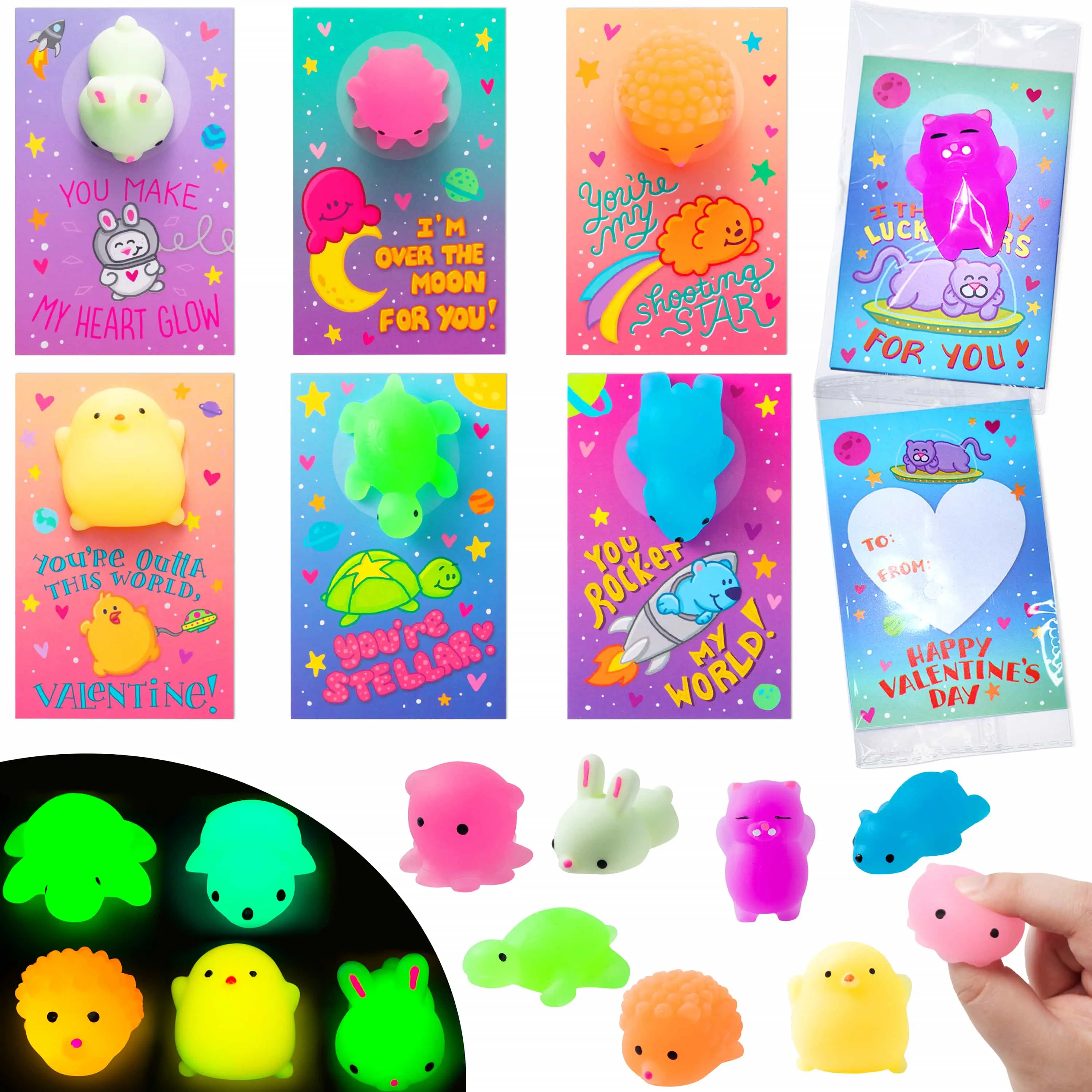 28Pcs Kids Valentines Cards Mochi squishy Toys with Glow-in-The-Dark / Glitter Mochi / Animal Mochi Squishy Stress Relief Classroom Exchange Prizes Va