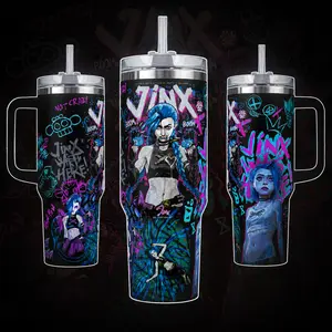 Arcane Jinx LeagueO Legends LOL TFT 40 oz Vacuum Insulated Tumbler with Handle & Straw Blue Hair Graffiti Graphic Keeps Drinks Hot/Cold 12H+ 18/8 Stainless Steel Travel Mug for Gamers & Anime Fans Dark Aesthetic Merch Gift