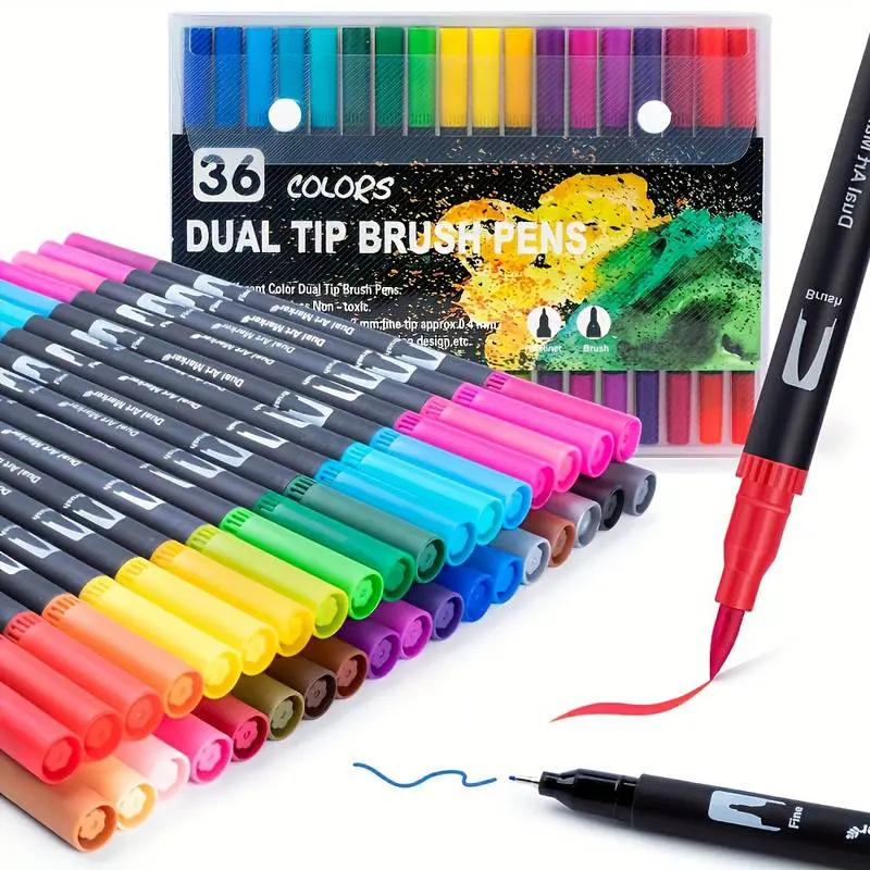 36-Piece Double Ended Markers - 1-2mm Brush Tip, 0.4mm Fine Tip Acid-Free Colored Pens, Art Supplies for Adults' Coloring & Drawing, Office & School Stationery