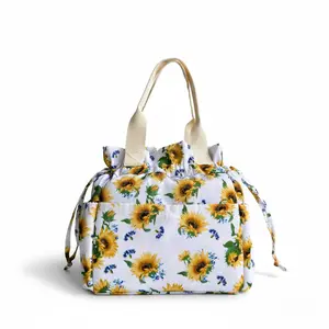 Sunflower Print Insulated Lunch Bag for Women Large Capacity Waterproof Drawstring Tote Stylish Thermal Picnic Bag for Work Travel & Outdoor Meals