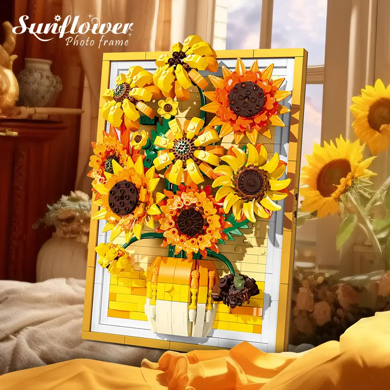 JJ9233 Sunflower Building Block Flower Picture Frame - Preserved Flower Desktop Ornament, Girls' Valentine's Day Gift, Girls' Gift