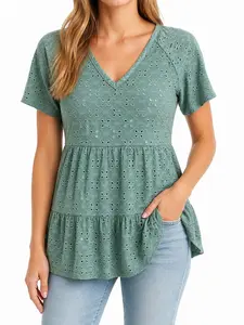 Women's Spring Summer Lace Embroidery V-Neck Short Sleeve Top Blouse, Loose Doll Shirt with Ruffled Hem, Casual Office Vacation Wear