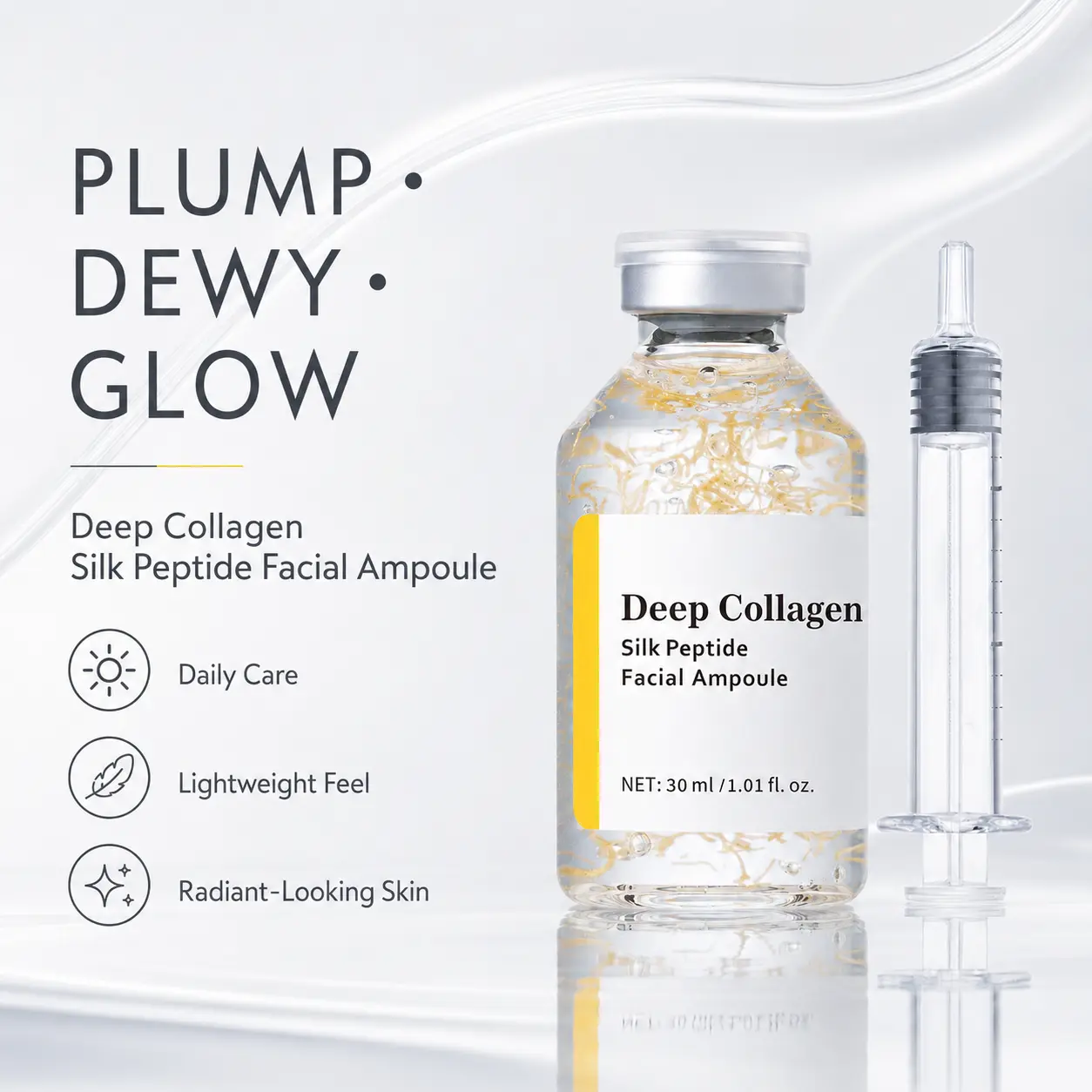 Deep Collagen Silk Peptide Facial Ampoule, 30mL/1.01fl oz, Hydrating Lightweight Fast-Absorbing Daily Skincare Essence for Plump, Dewy Radiant Skin