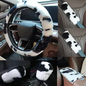 6pcs Irregular Cow Print Plush Car Steering Wheel Cover Set, Elastic Waistband, Gear Shift Cover, Handbrake Cover, Seatbelt Pad, Armrest Cushion, Car Interior Accessory