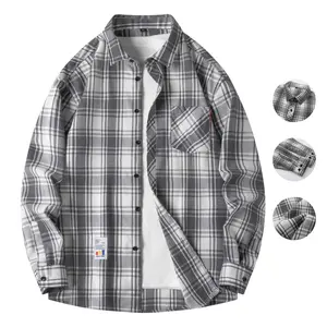 Men's Vintage Fine Line Checkered Long Sleeve Buttoned Casual Shirt Jacket with Front Chest Pocket and Letter Print and Sleeve Buttons, Suitable for Spring and Autumn Wear