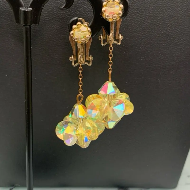 Vintage Gorgeous Clip On Iridescent Aurora Borealis Crystal Earrings with Gold Chain Drop Design