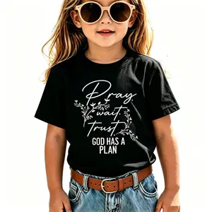Kids Cotton Pray Wait Trust God Has A Plan Christian T-Shirt Floral Faith Bible Verse Tee Religious Inspirational Oversized Shirt Faith Based Gift For Her Church Prayer Soft Casua