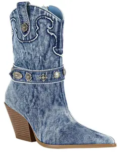 Azalea Wang Women's Women'S Neith Denim Western Booties Round Toe - Neith-Denim