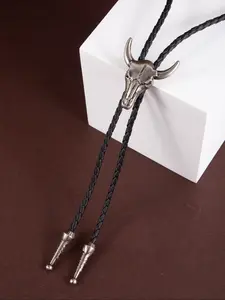 Western Vintage Skull Bull Detail Bolo Tie for Men, Cowboy Style Braided PU Leather Necklace, Fashion Jewelry Accessories, Exquisite Jewelry Gift