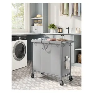 Laundry Basket With Wheels, 3-Section Rolling Laundry Hamper, 52.8 Gallons (200L), Removable Liner, Steel Frame With Handle, Blanket Storage, 35.8 X 15.4 X 31.9 Inches