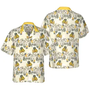 Cartoon Pizza Pineapple Hawaiian Shirt, Short Sleeve Casual Button Down Shirts Summer Beach Shirt, Tropical Floral Shirt