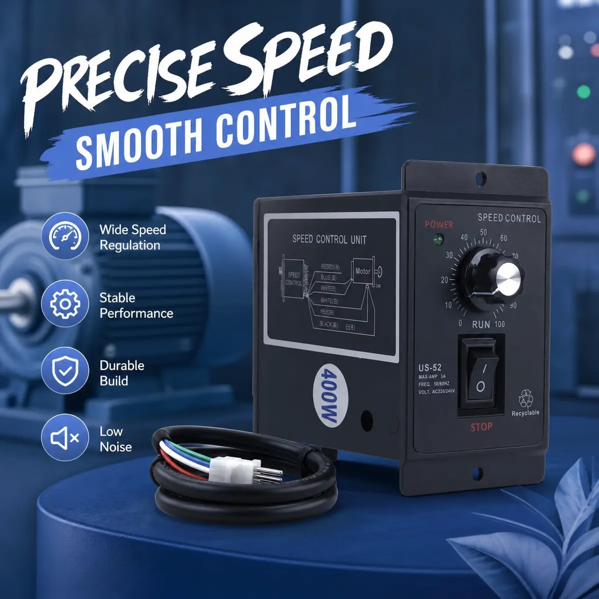 AC220V 400W single-phase DC motor speed controller, with built-in power indicator and run/stop switch, suitable for industrial speed control drives such as packaging machines, conveyors, and small production line motors.