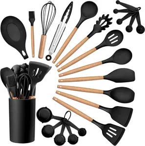 Kitchen Cooking Utensils Set, 23-  Kitchen Utensils Spatula Set with Holder, Heat Resistant Wooden Handle Kitchen Gadget for Nonstick Cookware, -grade Turner Spoon Sets (Black)