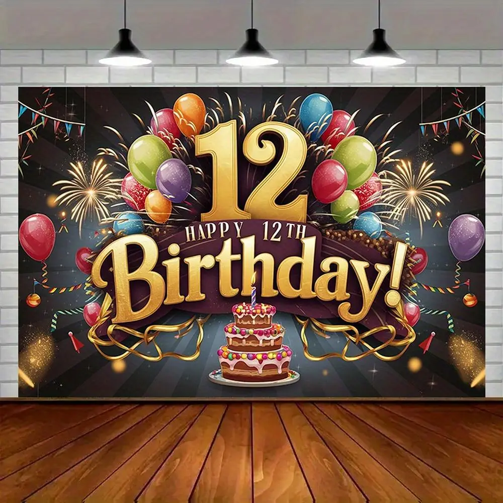 1pc Durable 2D Flat 12th Birthday Party Banner - Vibrant Polyester Backdrop with Balloons, Cake, Fireworks Design, Ornaments for Photo Props, Room Decor (Glam Textile Decor), Soft