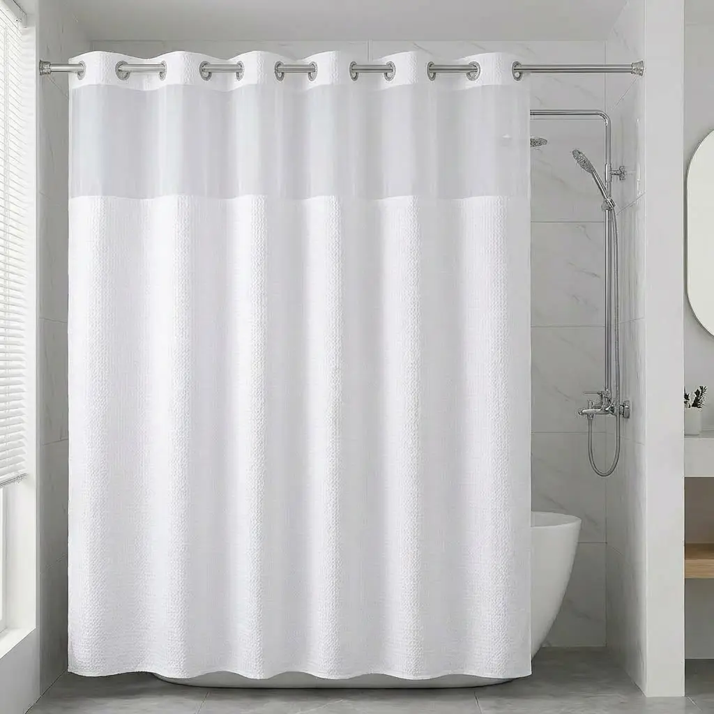 Premium Hookless Waffle Weave Straight Modern Shower Curtain & Liner Set - White 72x75 Inches Double-Layer Waterproof Bathroom Essential with Snap-in Liner, Mesh Top Window, Non-Slip Design, Water-Draining Feature