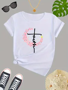 Faith Print T-Shirt, Crew Neck Short Sleeve T-Shirt, Casual Sport Tops, Women's Clothing