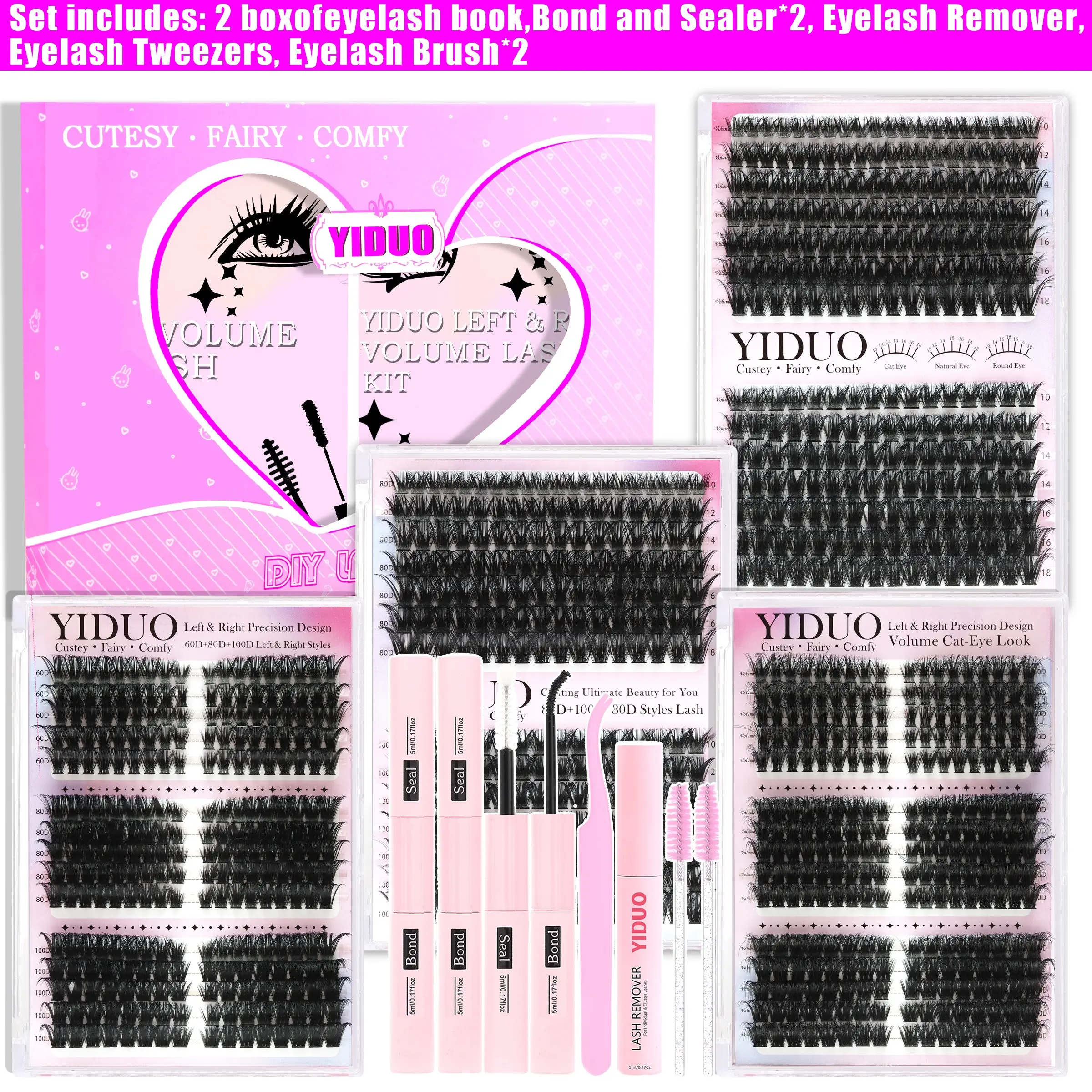 10 Styles Eyelash Clusters Kit, Eyelashes Extensions, False Eyelashes Extensions, 60D/80D/100D 988 Pieces 10-18mm D-Curl With 2 eyelash books, Lash Bond and Seal x2, Lash Remover, Lash Tweezers, Eyelash Brush, DIY at home, Eyelash Extension Glue