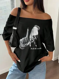 Women's Casual Loose off-the-shoulder T-Shirt, Gesture Print, Breathable Soft Fabric, Fashionable Summer Top for Beach Vacation