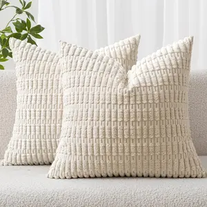 Pack of 2 Corduroy Decorative Throw Pillow Covers 18x18 Inch Soft Boho Striped Modern Farmhouse Home Decor for Sofa Living Room Couch Bed Cream White
