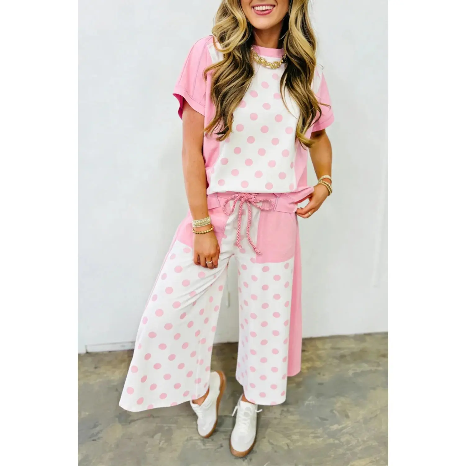 Pink Color Block Patchwork Polka Dot Wide Leg Pant Set