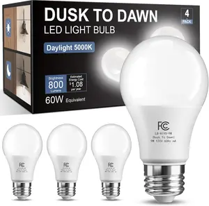 Dusk to Dawn Light Bulbs Outdoor, Light Sensor A19 LED Light Bulb, Automatic on/Off Photocell Bulb for Outdoor Porch Lighting, 60W Equivalent, Energy Efficient 9W, Daylight 5000K,E26 Base, 4 Pack