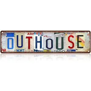 Vintage License Plate OUTHOUSE Sign (Available in different styles) – 16x4 Inch Rustic Bathroom Tin Sign, Funny Outdoor Toilet Wall Decor for Farmhouse, Cabin, RV or Outhouse Shed