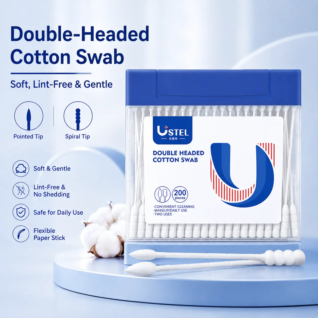 Pure Cotton Disposable Double-Pointed Tip Cotton Swabs, 200 Pieces Paper Stick Buds for All Skins, Ear & Make-Up Use, Household Ear Wax Removal, Pointed Tips