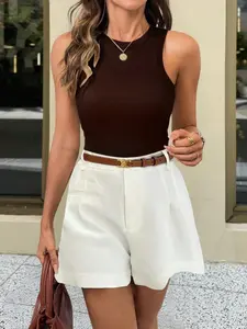 Women's High Waist Wide Leg Shorts, Pleated Design with Belt, Slimming Hot Pants, Casual Chic Summer Commuter Beach Vacation Wear