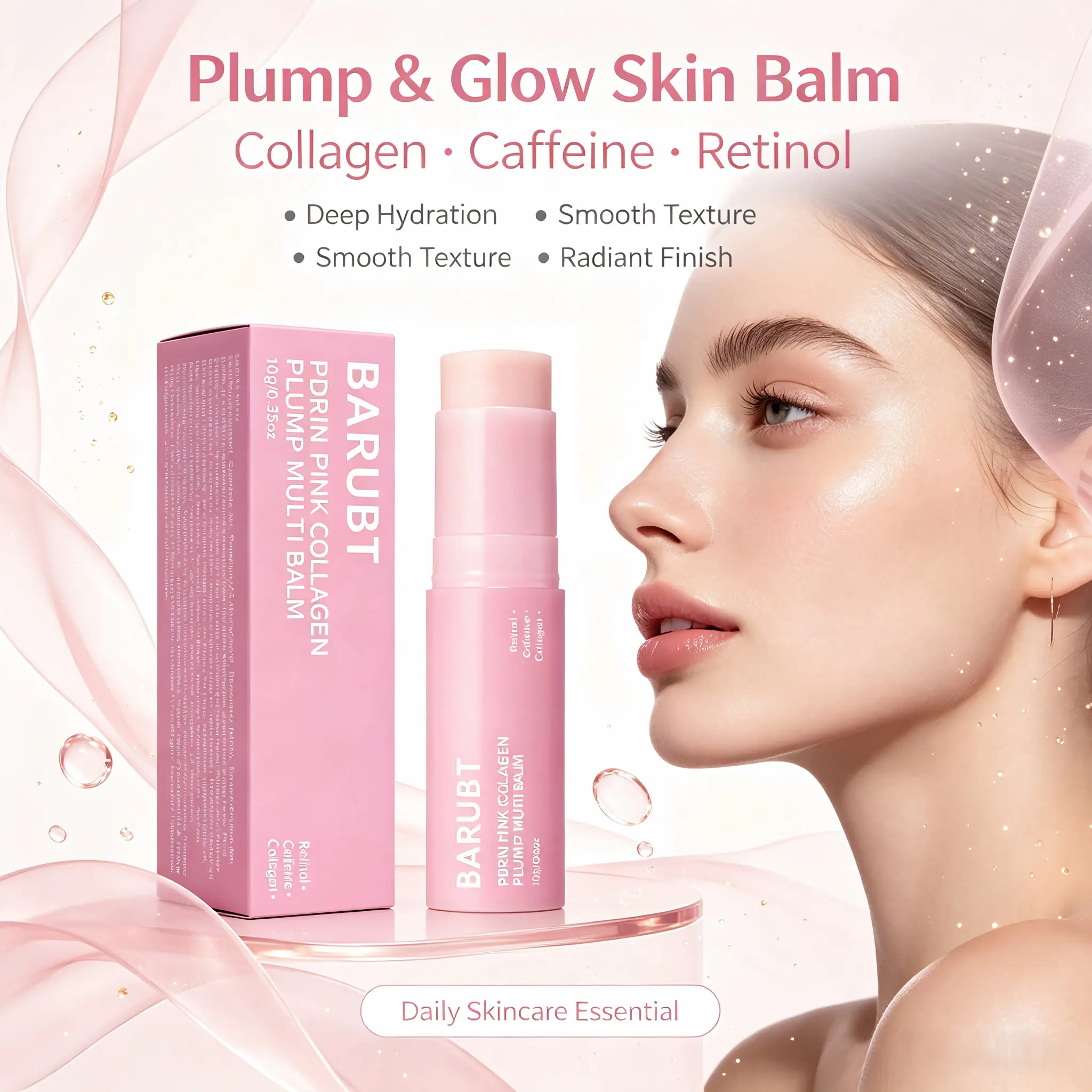 BARUBT PDRN Pink Collagen Plump Multi-Area Care Balm, Multi-use Stick for Lips, Forehead, Face & Neck, Anti-Aging, Smooth Fine Lines, Lift & Tighten Skin for Youthful Complexion