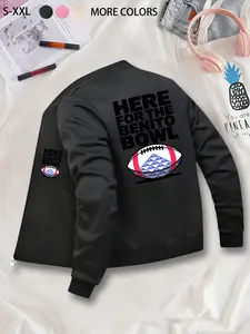 Casual Sporty Printed Baseball Jacket for Men, American Football Themed Trendy Outerwear, Casual Zip-Up Jacket, Stand Collar, Polyester Knit Fabric, Slim Fit, Pocket Detail, Perfect for Fall & Winter