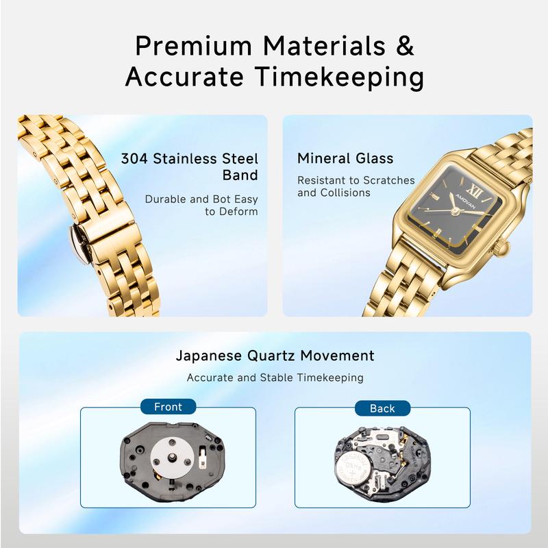 AMOVAN Gold Stainless Steel Bracelet Watch with Black Dial and Roman Numerals