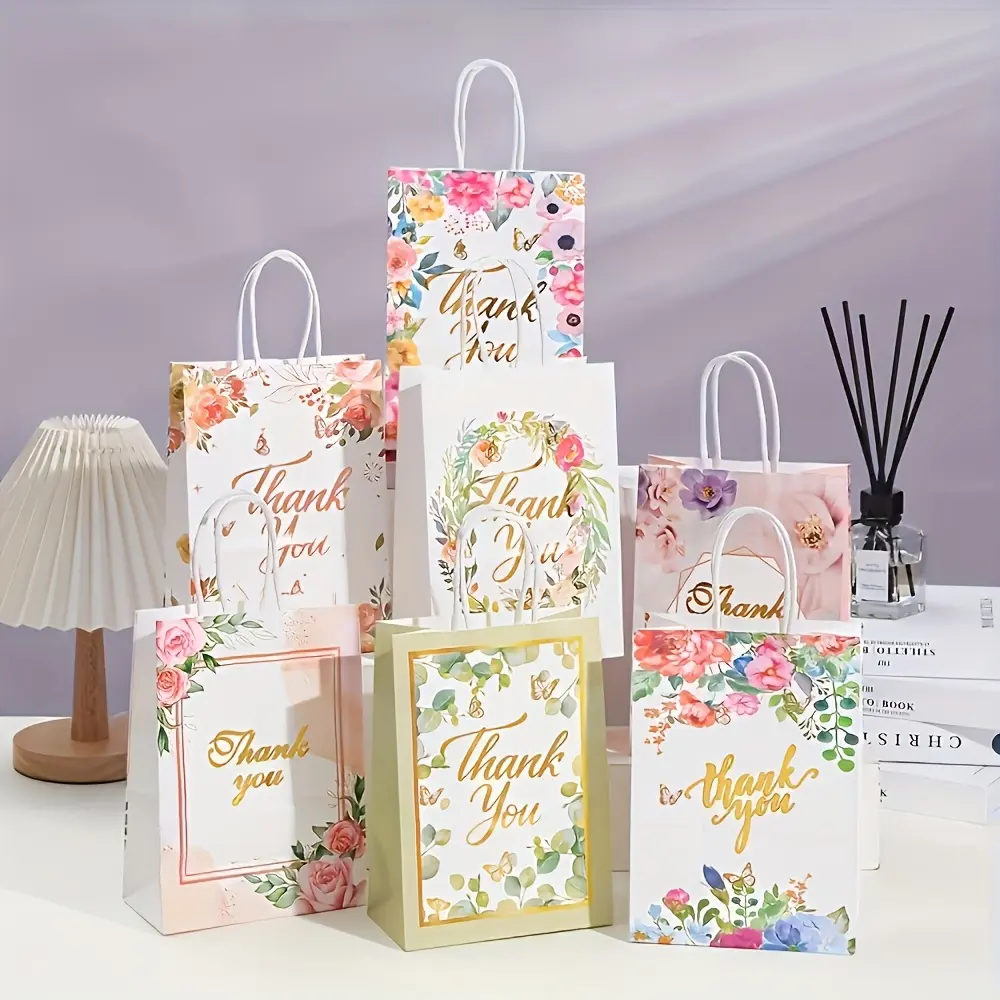 40pcs assorted floral designs thank-you kraft paper gift bags, gift packaging bags, candy/cookie bags, wedding party decorations, birthday party supplies, themed party gift decorations, back-to-school gift packaging bags