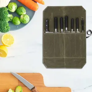 Chef Knife Roll Bag - Canvas Cutlery Organizer for Kitchen, Camping, BBQ & Travel, Portable Knife Storage with Multiple Pockets Army Green