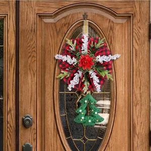 Christmas Fabric Home Decor, Christmas Wreath, Window Door Decoration, Tree Star Pendant Wreath, Buffalo Plaid Hanging Ornament