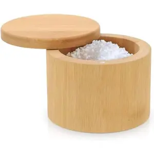 Salt Cellar, Bamboo Salt Container with Lid, Solid Salt Box Holder with 360 °   Swivel Lid for Countertop to Store Pepper Spice, Elegant Flaky Salt Containers Bowl on Your Kitchen, 6OZ Rotating Seasoning Utensils Sturdy