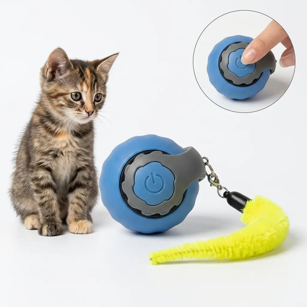 Interactive Auto-Moving Cat & Dog Teaser Ball Toy with Tail Attachment - 2.0" ABS+Silicone Smart Rolling Exercise Aid, USB Rechargeable, Reduces Boredom for Indoor Cats & Small Dogs