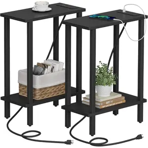 Small End Table with Charging Station, Narrow Side Table with USB Ports and Outlets, Set of 2, Skinny Sofa Table, Slim Nightstand, Living Room, Bed Room