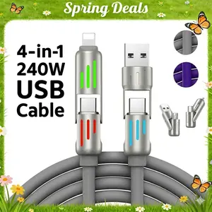[Spring Deals] Coucur 240W 4-in-1 USB-C Cable, PD 5A Fast Charging, Data Sync, USB-A, Type-C, Lightning, Aluminum, Compatible with iPhone 16/15, iPad, Samsung, and Laptops