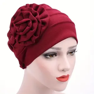 Elegant Floral Turban Hat - Stretchy 100% Polyester Knitted Cap with Exquisite Side Embellishment, Perfect for Wedding, Religious Occasions and Daily Wear - Hand Washable, Pack of 1