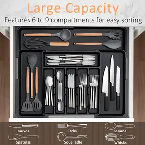 Extra Large Expandable Silverware Organizer, BPA-Free Food-Safe Cutlery Flatware Organizer, Kitchen Utensil Drawer Organizer, Adjustable Silverware Holder for Spoons Forks Knives, Black