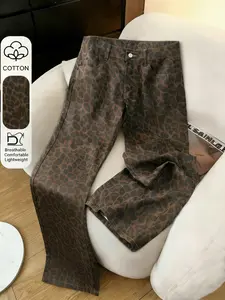 Women's Leopard Print Loose-Fit Cotton Jeans, Ankle-Length Button Fly, Mid-Waist Casual Pants, All-Season Fashion Essential