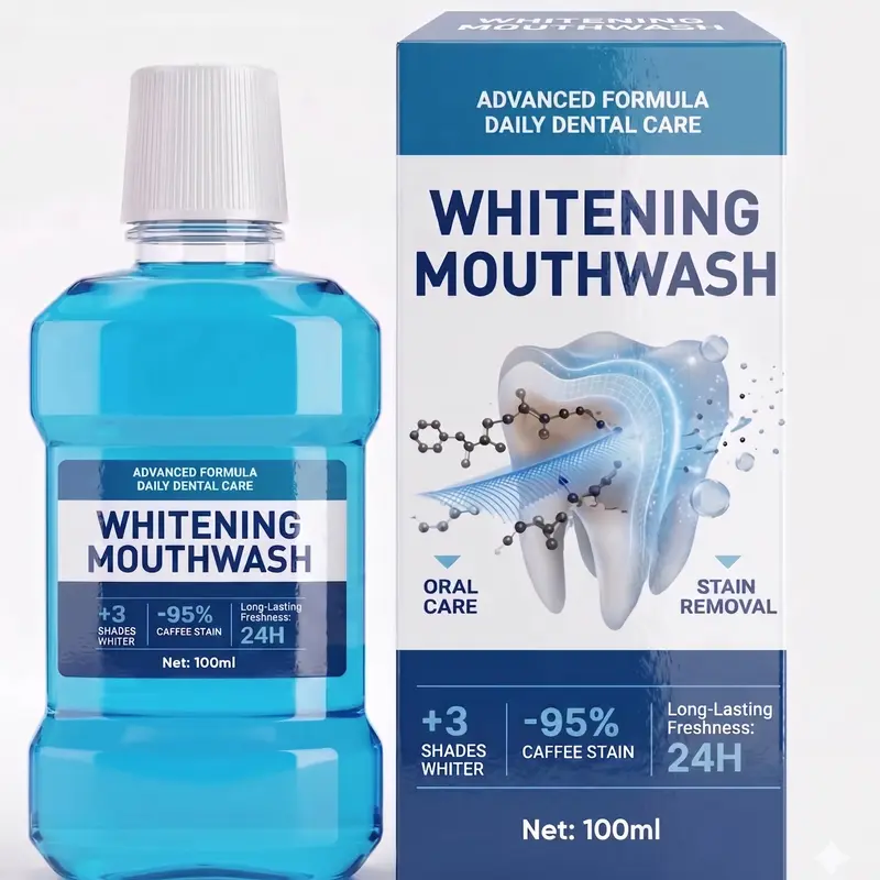 Advanced Whitening Mouthwash – Removes Coffee Stains & Freshens Breath – 24h Long-Lasting Freshness, Enamel Safe Formula – Targets Surface Stains for Up to +3 Shades Whiter Look – Daily Oral Care with Stain-Lifting Technology – 100ml