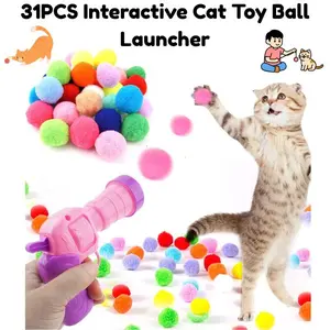31PCS Cat Ball Launcher Toy Set – 30 Plush Fuzzy Balls with Cat Toy Gun Shooter for Indoor Cats & Kittens – Interactive Pet Toy for Exercise, Fun & Playtime