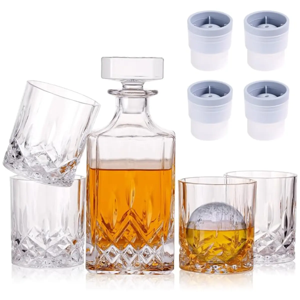 Crystal Whiskey Decanter Set In Gift Box - Includes 4 Crystal Whiskey Glasses and 4 Big Ice Ball Molds - Unique Whiskey Gift for Men