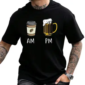 [Casual Digital Print T-Shirt] Men's Casual Digital Print T-Shirt Featuring Coffee And Beer - Made of Polyester, Round Neck, Short Sleeves, Street Hip-Hop Style, Summer European And American Fashion Trend, Sporty Vibe