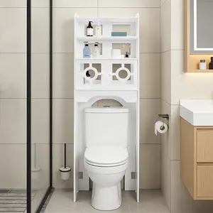 CNCEST 4-Tier Over Toilet Cabinet with Doors, White PVC Bathroom Organizer 59 Inch Tall Space Saver Rack for Toiletries, Towels & Cleaning Supplies